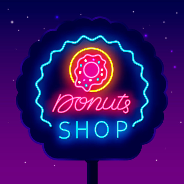 甜甜圈店霓虹灯街道广告牌。面包店的标志。糖果店。夜晚明亮的招牌。孤立的矢量图图片下载