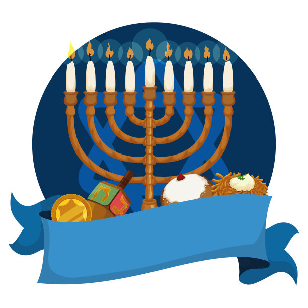 Hanukkiah, dreidel, gelt, sufganiyah和latke在blue ribbon后面图片下载
