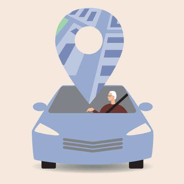 GPS汽车共享，老人司机，平面矢量股票插图与老人汽车司机和汽车在地图上图片下载