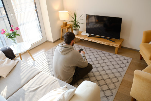 沙发上的男人正在看电视。球迷们观看足球比赛，为胜利而欢呼。娱乐和运动的概念。在家看体育和电影图片下载