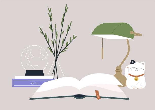 读书课桌，爱好教育，桌上装饰着水晶球，绿色图书馆灯，还有一只幸运猫雕像，舒适安静的氛围图片下载