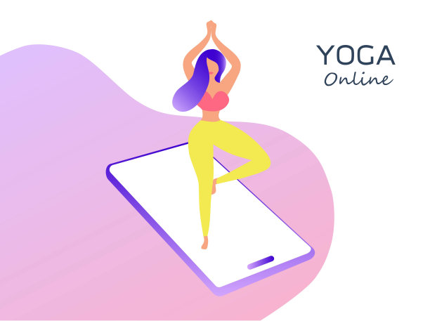 瑜伽在线课程概念，女人做瑜伽练习在家里与在线课程讲师矢量插图。健康生活方式的概念图片下载