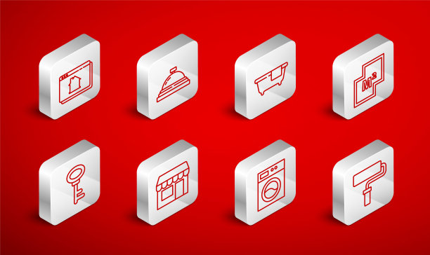 配套线漆辊刷、酒店服务钟、浴缸、房屋平面图、洗衣机、在线房地产房屋、市场店铺及钥匙图标。向量图片下载