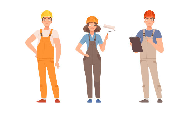勤杂工或Fixer作为熟练的男人和女人穿着整体持有油漆滚筒和夹板从事家庭维修工作向量集图片下载