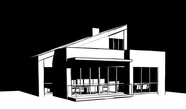 3d插图的小现代两层楼与斜屋顶。图片下载