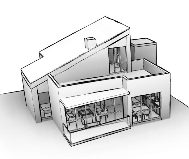 一个两层楼的现代小房子的3d插图，上面有倾斜的屋顶和露台。图片下载