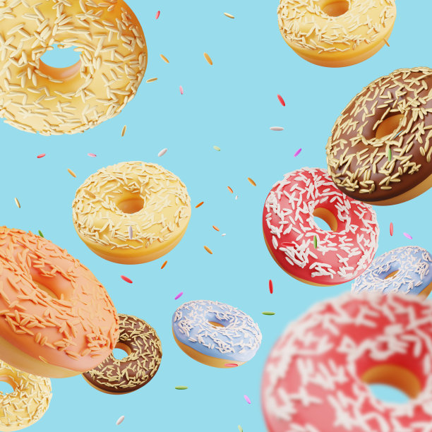 飞行甜甜圈，ponchik与蓝色背景3d渲染。图片下载