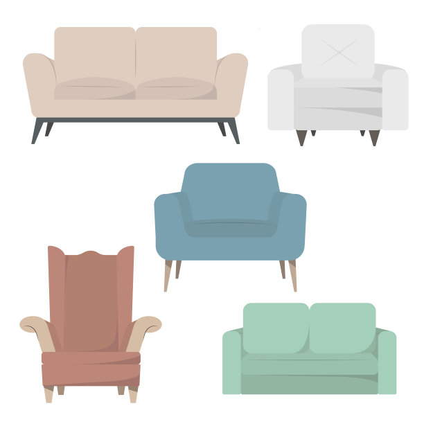 一套现代彩色软扶手椅与室内装潢。图片下载