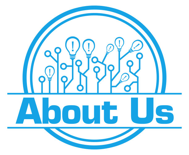 关于我们电路灯泡蓝色圆形徽章风格图片下载