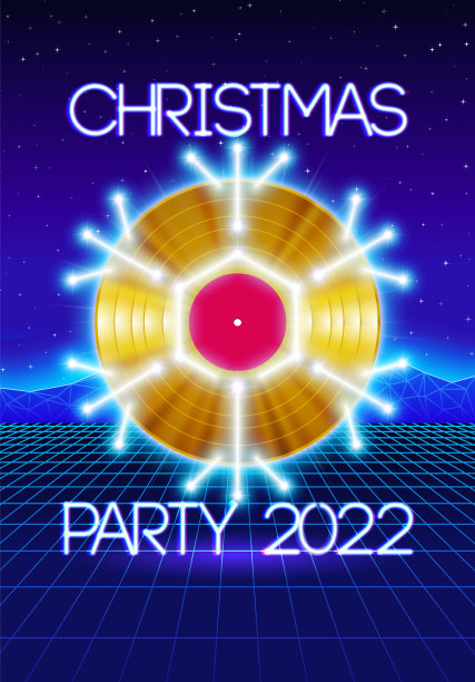 圣诞派对邀请海报或传单与80年代霓虹灯风格和黑胶唱片的dj图片下载