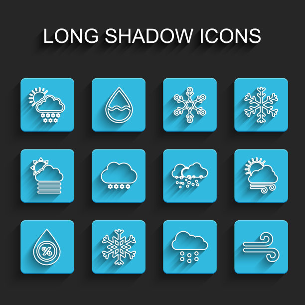 设置线水滴百分比，雪花，云与雪和太阳，风，大风天气和图标。向量图片下载