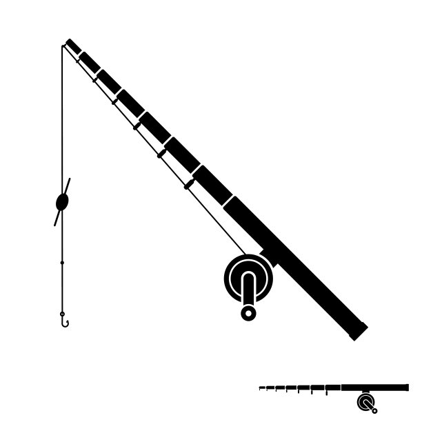 鱼竿图标。黑色的轮廓。侧视图。矢量平面图形插图。在白色背景上孤立的物体。隔离。图片下载