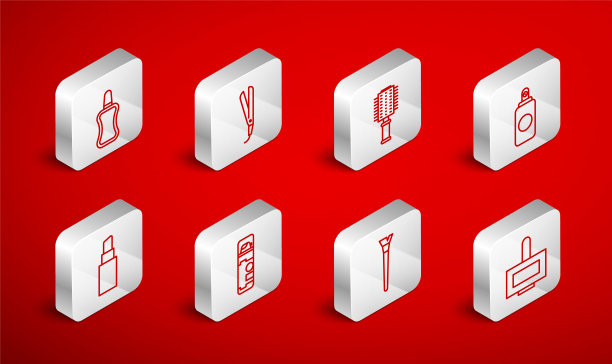 指甲油瓶，卷发棒，发刷，喷雾罐，化妆品，剃须凝胶泡沫和口红图标。向量图片下载