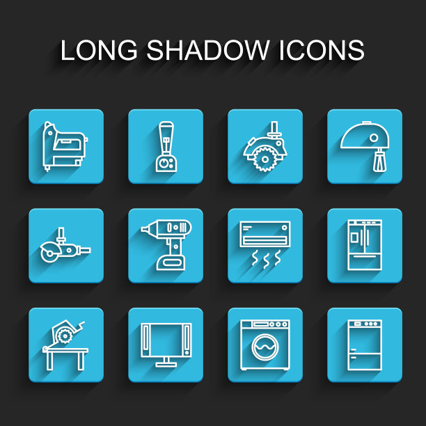 木工表锯，智能电视，电动建筑订书机，洗衣机，冰箱，无绳螺丝刀，空调图标。向量图片下载