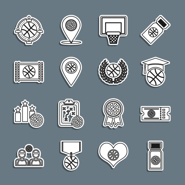 设置篮球比赛门票，训练，篮板，位置与篮球，视频，规划策略和奖励图标。向量图片下载