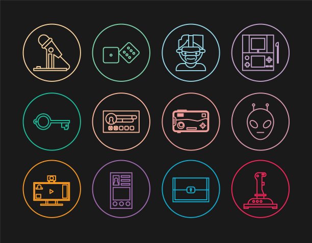 设置线操纵杆街机，异形，虚拟现实眼镜，创建帐户屏幕，古老的关键游戏，麦克风，手机和游戏骰子图标。向量图片下载