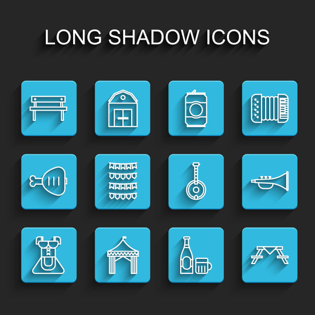 集线女装宽腰宽裙，露营帐篷，长凳，啤酒瓶和玻璃，带长凳的野餐桌，狂欢节花环旗帜，乐器喇叭和班卓琴图标。向量图片下载