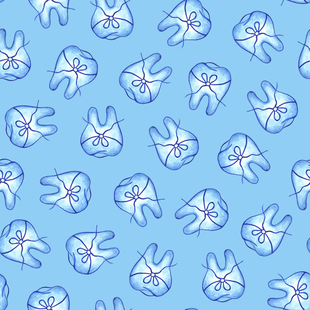 在浅蓝色的背景上装饰有蝴蝶结的白色可爱牙齿。无缝模式。牙医。医学。水彩插图。用于在织物、图案上印刷。图片下载