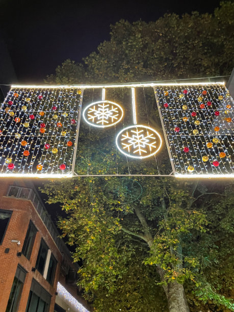 城市街道的圣诞装饰图片，五彩缤纷的小彩灯，LED灯照亮的白色金属框架，夜空背景，从下面看图片下载