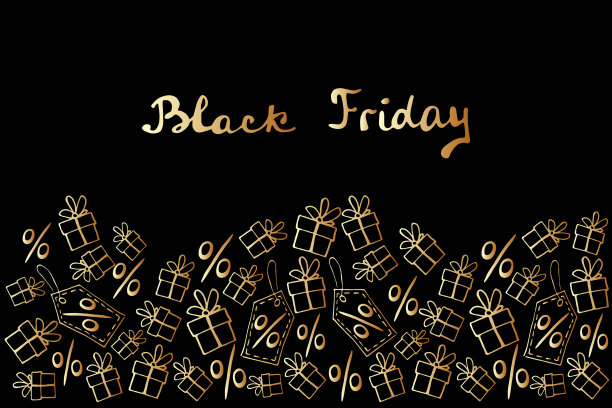 向量海报，标题，无缝模式的主题黑色星期五，购物，折扣和销售。边框由手绘轮廓礼物，百分比，价格标签涂鸦风格图片下载