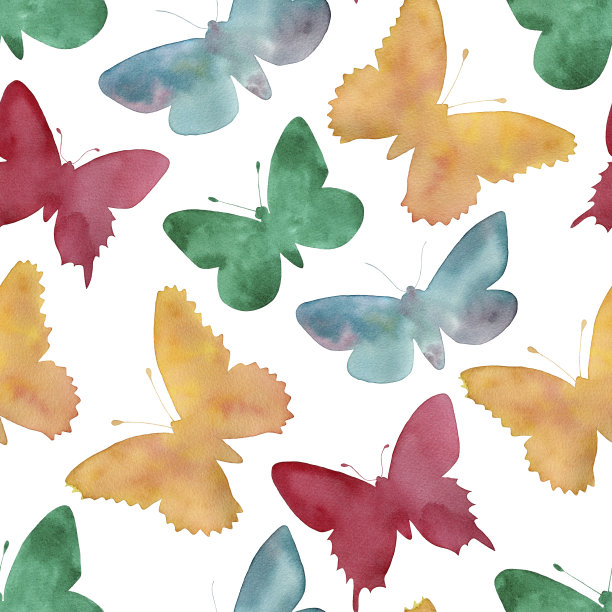 彩色无缝图案与蝴蝶。背景和墙纸邀请，卡片，织物，包装，纺织品，海报。水彩插图。图片下载