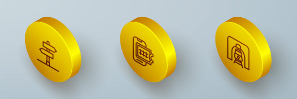 设置等距线道路交通标志、网上订票列车和铁路隧道图标。向量图片下载