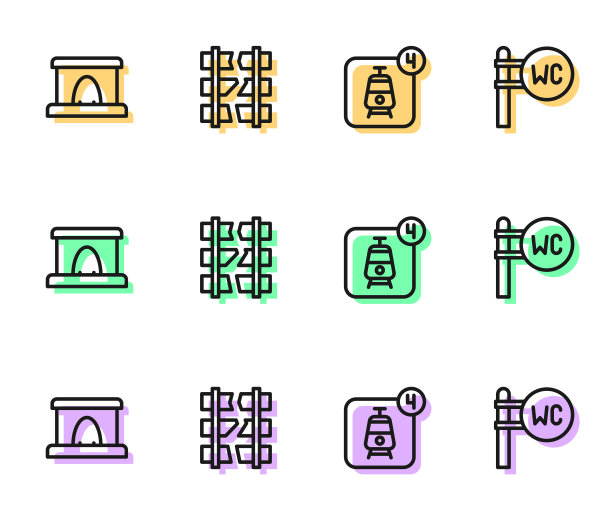 在线订票，铁路隧道，破损或开裂的铁路和厕所图标。向量图片下载