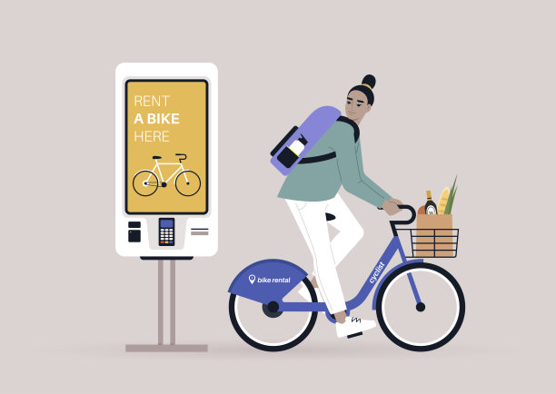 年轻的亚洲女性角色骑着租来的城市自行车，一个自助出租的数字显示器图片下载