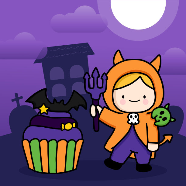 一个穿着魔鬼服装的孩子拿着三叉戟图片下载