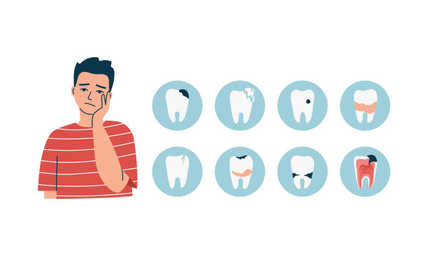 牙痛的年轻人脸上带着痛苦的表情，手托着肿胀的脸颊。严重的牙齿疼痛，龋齿，裂缝，过敏，牙垢。孤立平面矢量图图片下载