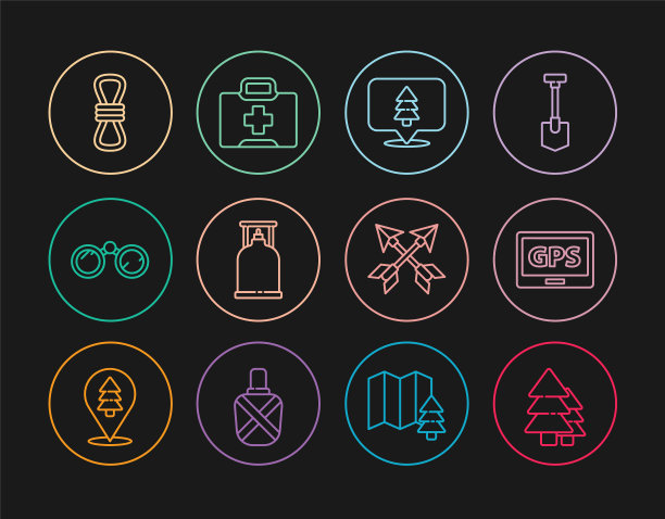 设置线树，Gps设备与地图，森林的位置，野营煤气炉，望远镜，攀登者绳，十字箭头和急救箱图标。向量图片下载