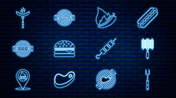 设置线烧烤叉，钢网格，辣椒辣椒荚，汉堡，烧烤，香肠上，烤羊肉串和香肠图标。向量图片下载