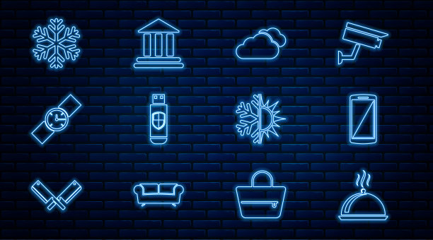 覆盖托盘食品，智能手机，手机，云，USB闪存驱动器和屏蔽，腕表，雪花，太阳雪花和银行大楼图标。向量图片下载