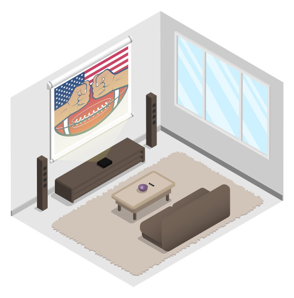 等距客厅。带有扬声器和投影仪屏幕的家庭影院。优质的家庭影院设备。逼真的3D矢量隔离在白色背景图片下载
