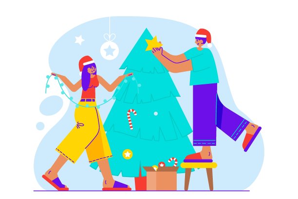 年轻男女装饰圣诞树图片下载