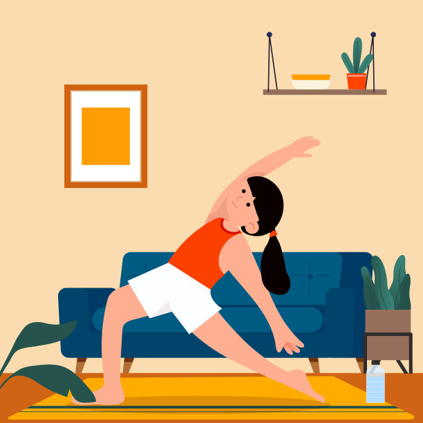 一个年轻女子在家里的客厅里锻炼身体图片下载