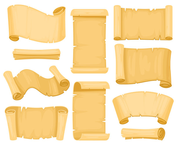 卡通纸莎草卷轴：复古纸质手稿，古代羊皮纸卷、证书、历史文件或地图矢量图素材。古董卷轴图片下载