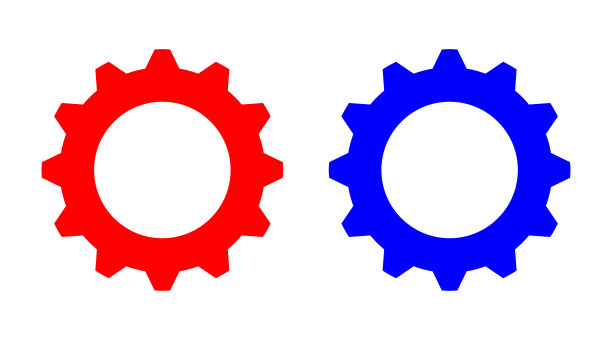 红色和蓝色的针齿轮的平面形状矢量图标。齿轮符号机械，发动机工作图片下载