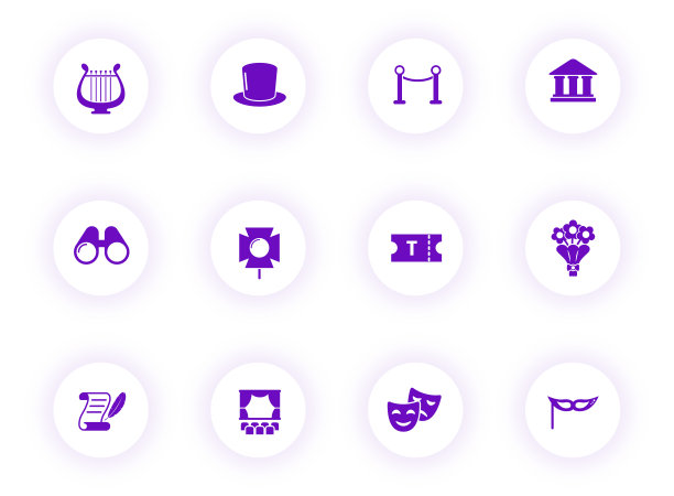 剧院紫色矢量图标上的圆形按钮带有紫色阴影。剧场图标设置为网页，移动应用程序，UI设计和打印图片下载