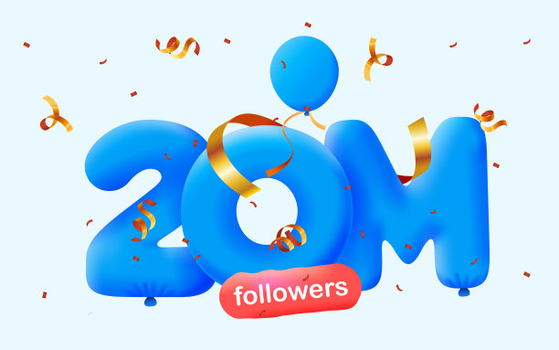 横幅上有2000万粉丝，以3d蓝色气球和彩色纸屑的形式感谢你。矢量插图3d数字社交媒体2000万粉丝感谢，博客庆祝订户，喜欢图片下载