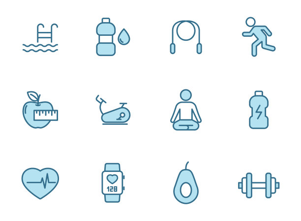 健康线矢量图标在白色背景上分离的两种颜色。健身蓝色轮廓图标设置为网页设计，ui，移动应用程序和打印图片下载
