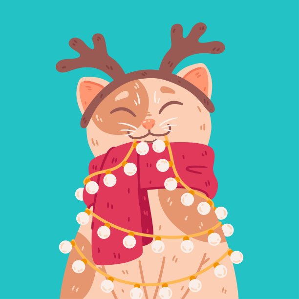 猫头带鹿角，温暖的围巾，灯泡花环。圣诞快乐和新年快乐明信片。可爱的矢量插图孤立的背景。冬季海报与家猫。图片下载