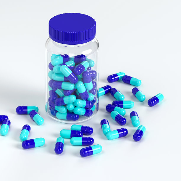 一罐青色药丸。用膳食补充剂来支持身体生产的药物。3 d渲染。图片下载