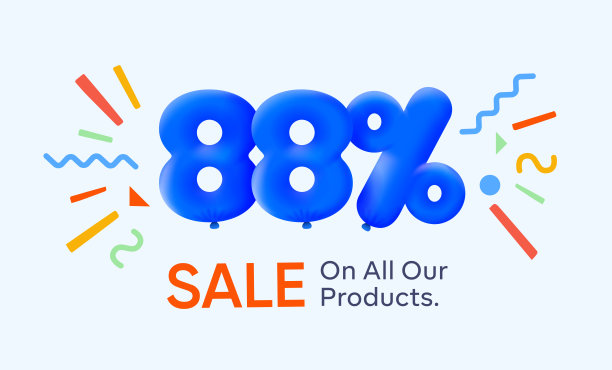 夏季特卖横幅，蓝色3d气球太阳矢量设计，折扣88%的形式，季节性购物促销广告，插图3d号码为标签提供标签享受折扣高达88%的折扣图片下载