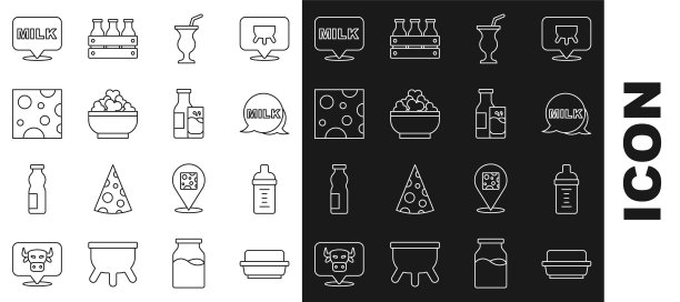 设置线黄油在黄油盘，婴儿奶瓶，字母，奶昔，村舍奶酪，奶酪，和瓶子和玻璃图标。向量图片下载
