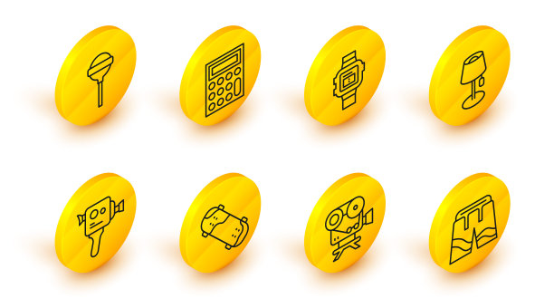 短裤或裤子，复古电影摄影机，滑板技巧，落地灯，腕表，计算器和棒棒糖图标。向量图片下载