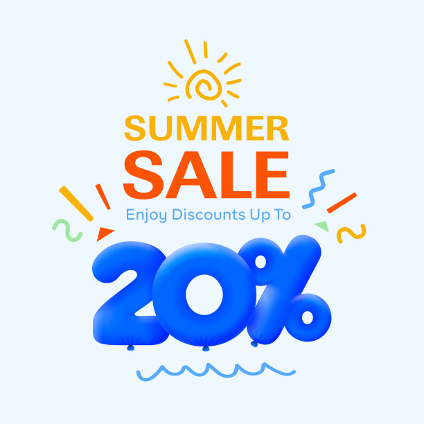 3d蓝色气球太阳矢量设计的夏季特卖横幅20%折扣，季节性购物促销广告，插图3d号码标签优惠标签享受折扣高达20%的折扣图片下载