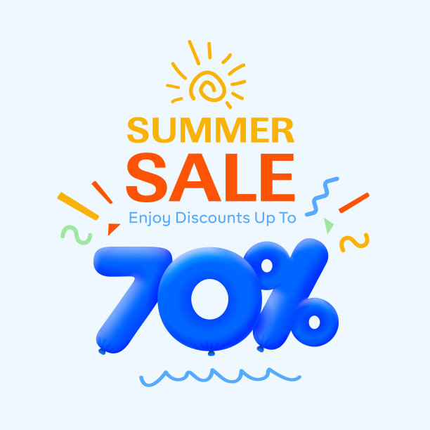 夏季特别销售旗帜70%折扣形式的3d蓝色气球太阳矢量设计，季节性购物促销广告，插图3d数字标签优惠标签享受折扣高达70%的折扣图片下载