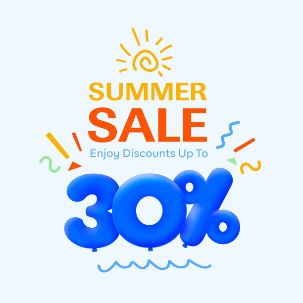 3d蓝色气球太阳矢量设计的夏季特别销售横幅，30%折扣，季节性购物促销广告，插图3d数字标签优惠标签享受折扣高达30%的折扣图片下载
