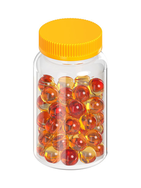 一罐黄色的维生素，呈软凝胶状。鱼油。生产的药物。3 d渲染。图片下载